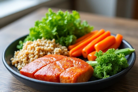 Image of a balanced meal with fresh vegetables, clean, natural, no text