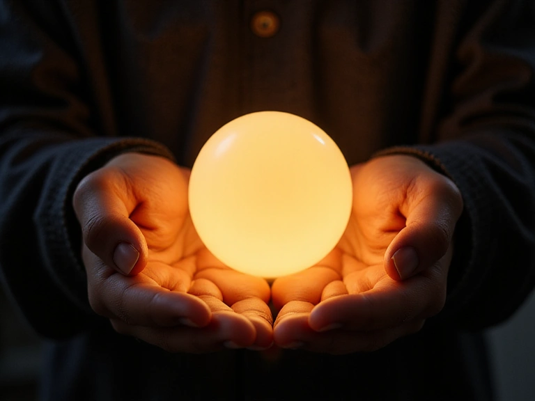 Close-up of a person's hand holding a glowing orb, representing inner energy, no text