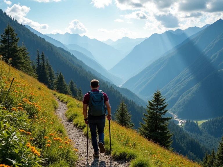 Person hiking on a mountain trail, vibrant nature, no text